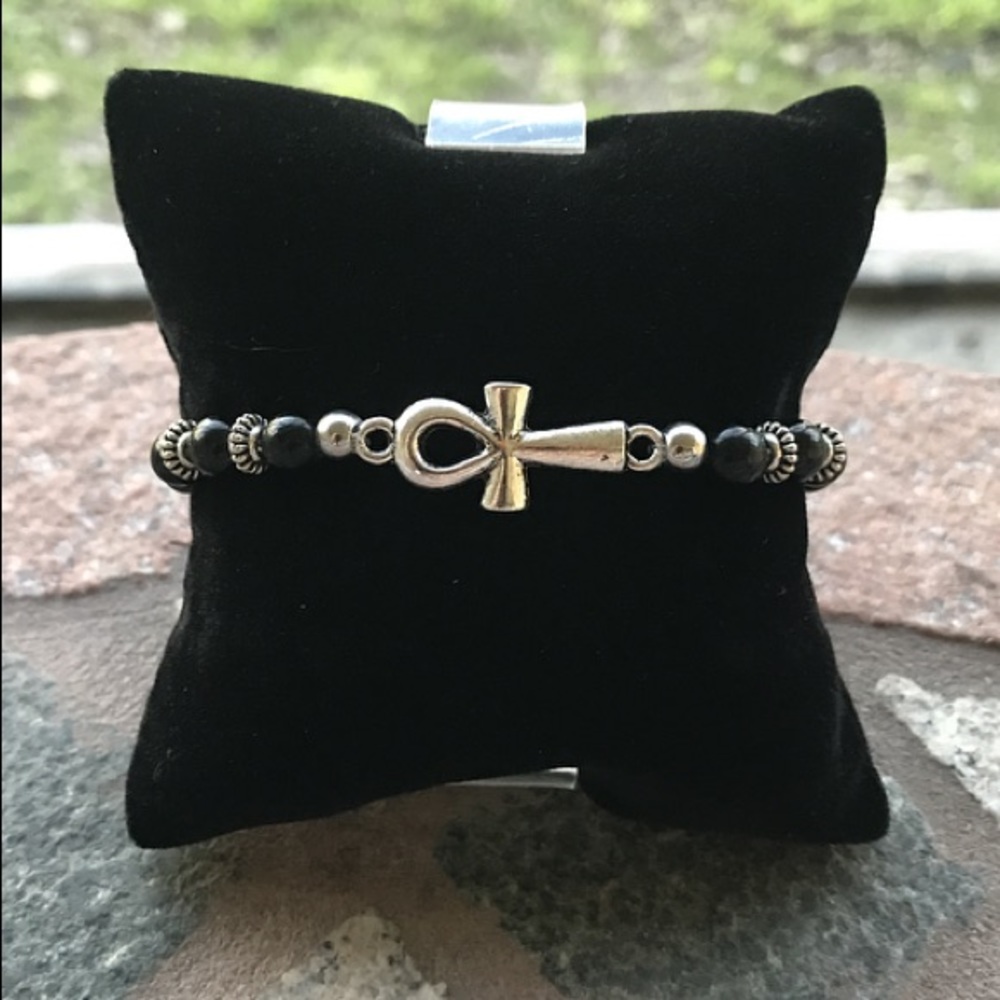 Genuine shinny onyx silver plated ankh bracelet - Picture 4 of 9